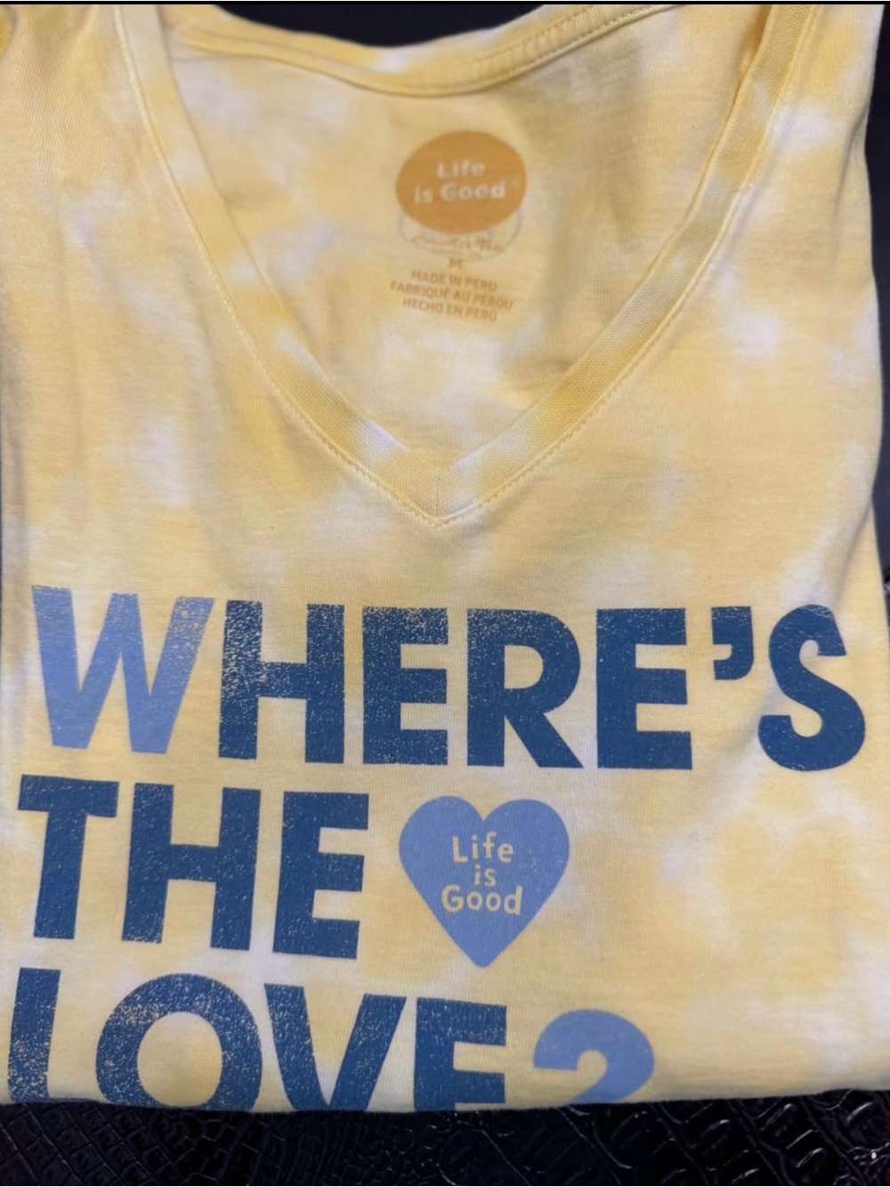 Life Is Good Yellow V-Neck Tee with Blue Graphic Heart